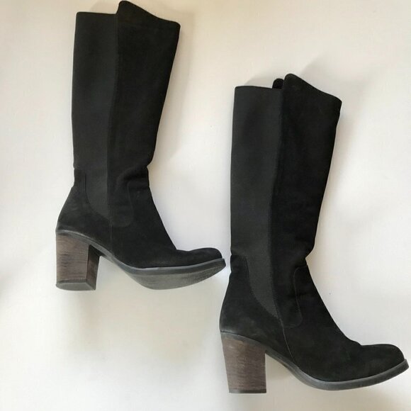 BUENO Black Nubuck Suede Knee-High Stacked Heel Almond Toe Slip-on Elastic EU 39 - Picture 4 of 16